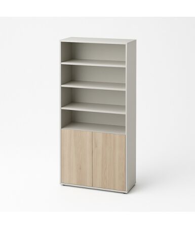 Regał biurowy z podwójnymi frontami wpuszczanymi na dole