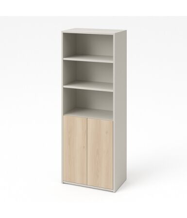 Regał biurowy z podwójnymi frontami wpuszczanymi na dole